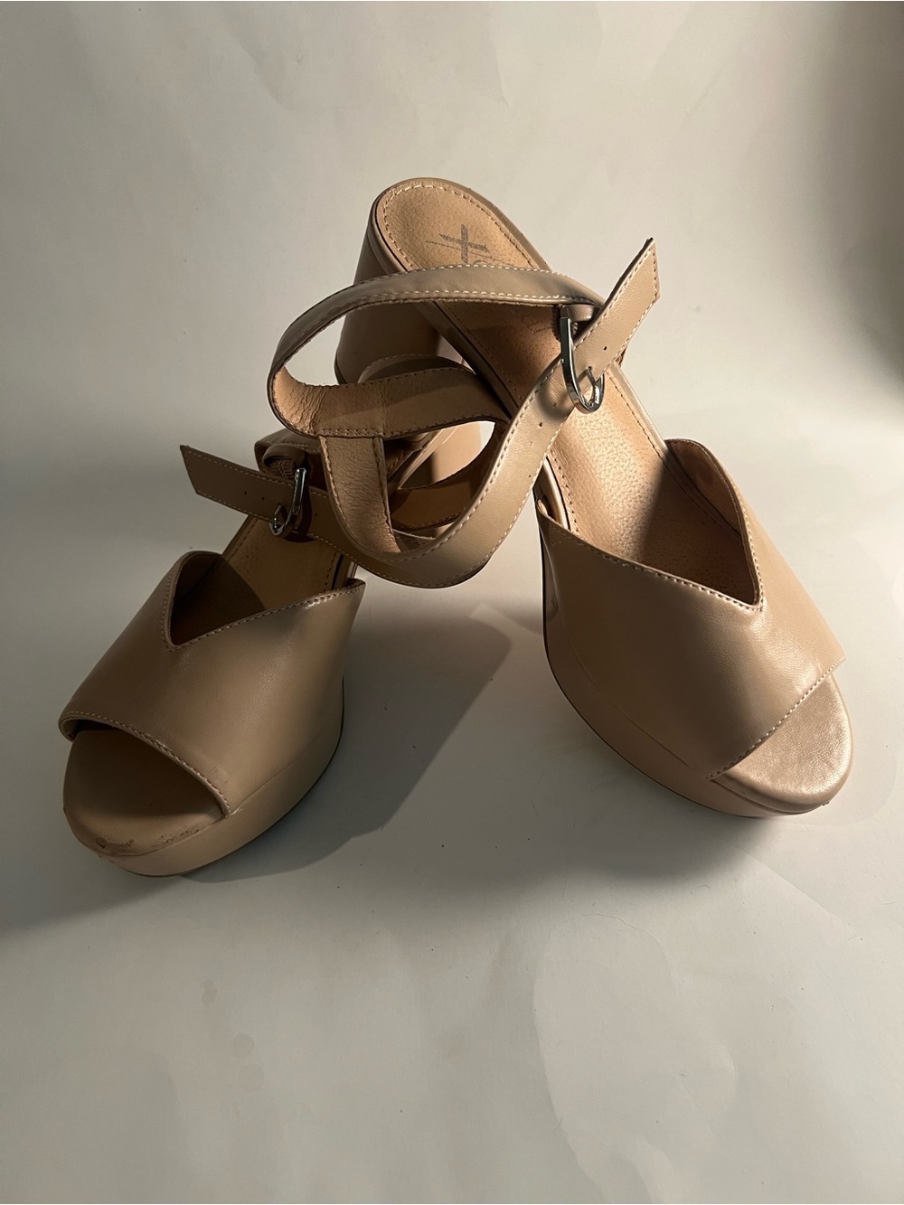 Neutral Tan Peep-Toe Platform Heels with Ankle Strap Size 7.5